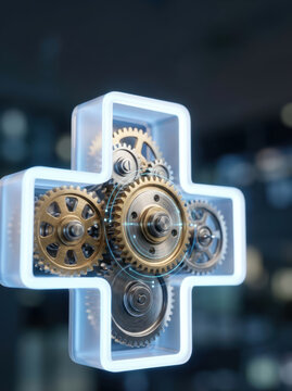 Healthcare innovation spending concept gear cross glowing symbol healthcare efficiency focus