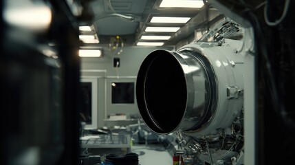 Fototapeta premium Advanced spacecraft engine undergoing development inside a futuristic science laboratory, showcasing cutting edge propulsion technology for space exploration and research