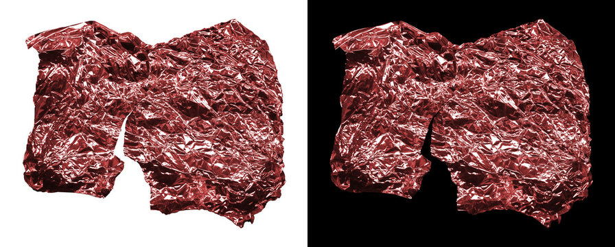 Abstract crumpled red foil letter M isolated on transparent background.