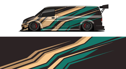 Stylized teal and gold bus side profile with bold stripes and graphic pattern. © Lailatul