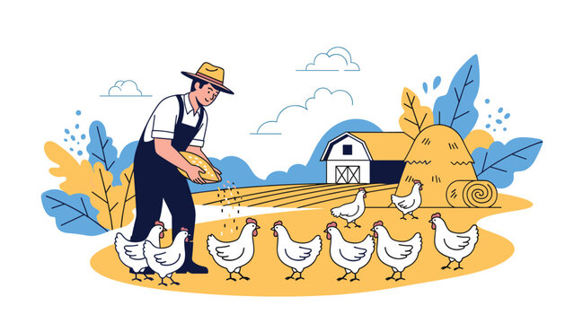Hardworking farmer feeding a flock of white chickens in front of a barn and haystack in a sunny rural countryside setting.