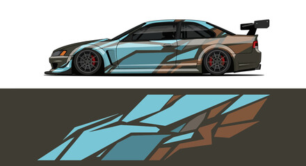 Fototapeta premium Sleek racing car with turquoise blue and brown graphics from a side view.