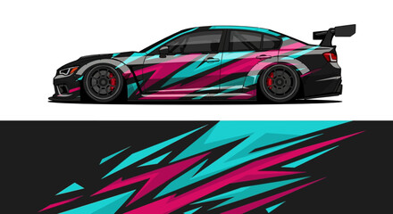 Obraz premium Colorful Graphic Racing Car With Dynamic Diagonal Stripes and Abstract Livery.