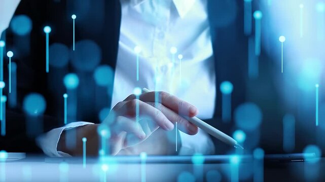 Business professional works on digital tablet in modern office setting with focus on hands and technology elements.