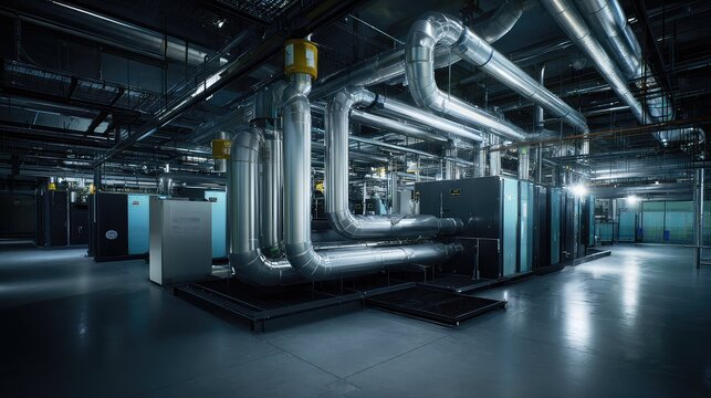 Large industrial boiler room featuring a complex heating, ventilation, and air conditioning system with extensive metal ductwork and insulated pipes for modern mechanical engineering
