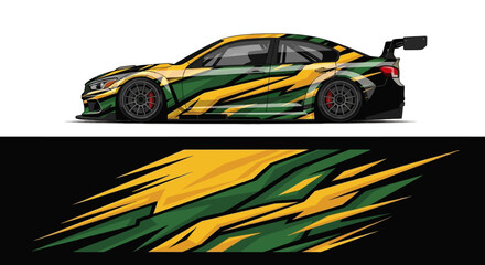 Colorful Racecar Silhouette and Dynamic Stripe Pattern in Green and Yellow. © Lailatul