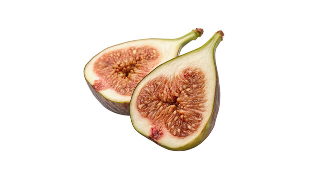 Fresh ripe fig fruit cut in half showing the vibrant red inner seeds and pulp isolated on transparent background cut out