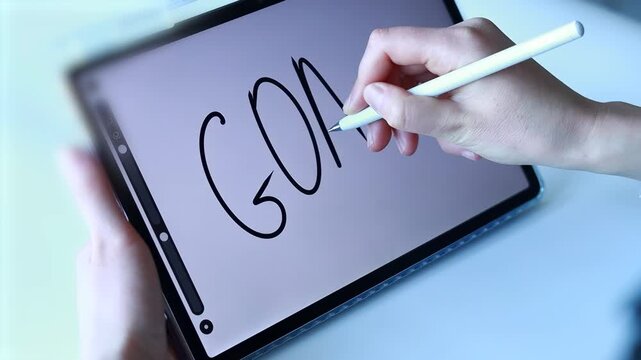 Writing a goal on a tablet using a stylus in a bright setting during the day.
