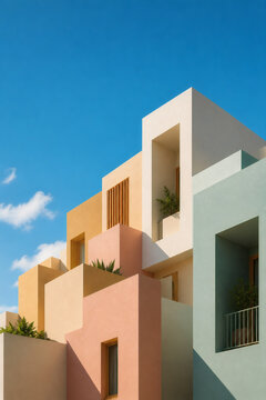 Pastel Modern Architecture with Minimal Geometric Facades and Blue Sky