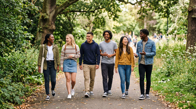 Six diverse young adults walking and talking happily together on a paved path through a lush green park.