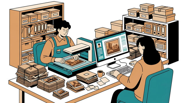 Professional photo restoration and archiving service illustration two people digitizing old photographs using a flatbed scanner and computer in a studio with shelves of boxes and binders
