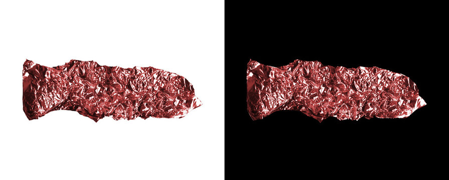 Shiny red crumpled foil piece isolated on transparent and black background.