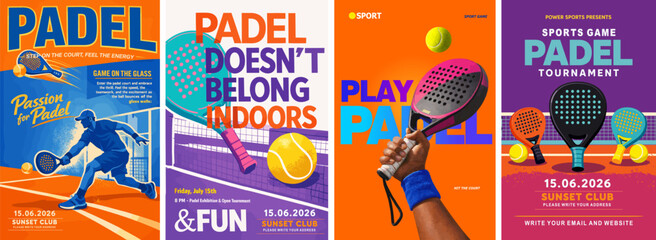 Fototapeta premium Modern padel poster collection with rackets, tennis balls, players and bold typography. Vibrant sport event templates for tournament promotion, club advertising, flyers and branding.