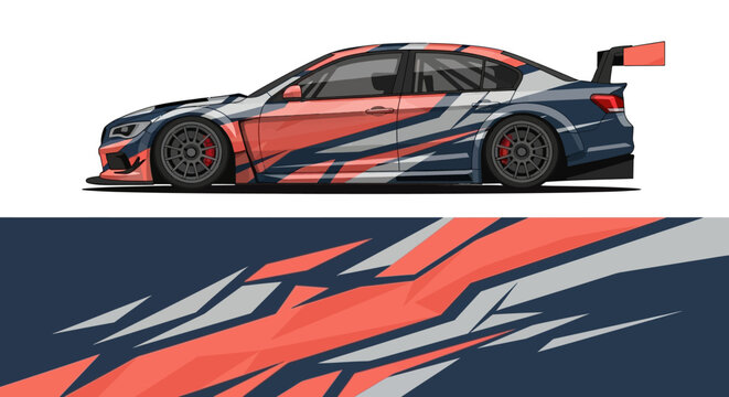 Sleek red and blue race car illustration with abstract motion streaks and aerodynamic design.