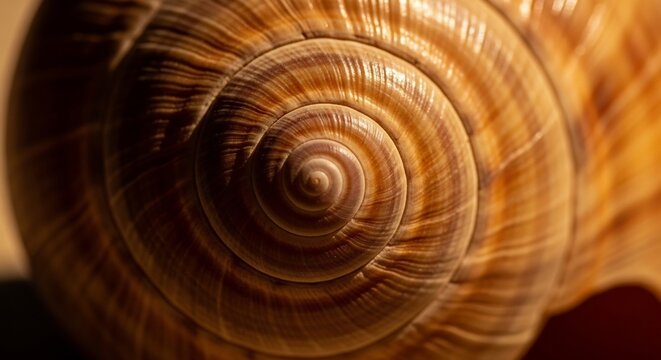 Close up of a spiral snail shell showing intricate patterns and textures.
