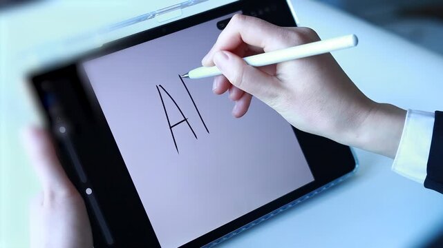 Person writes the letters AD on a tablet with a stylus in a workspace during daylight hours.