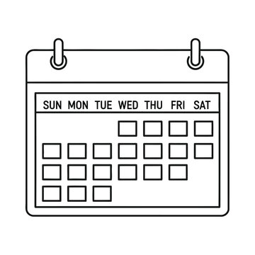 A simple black and white outline icon of a desk or wall calendar showing days of the week and empty date squares.