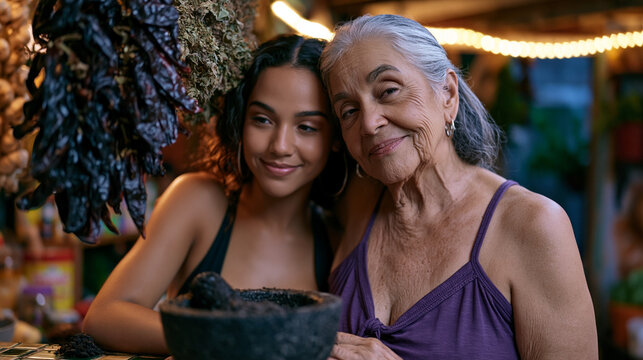 A Puerto Rican grandmother and her adult daughter making sofrito together in a cramped but vibrant apartment kitchen, hanging peppers, dried herbs, mortar and pestle on a tile counter, perfect for c