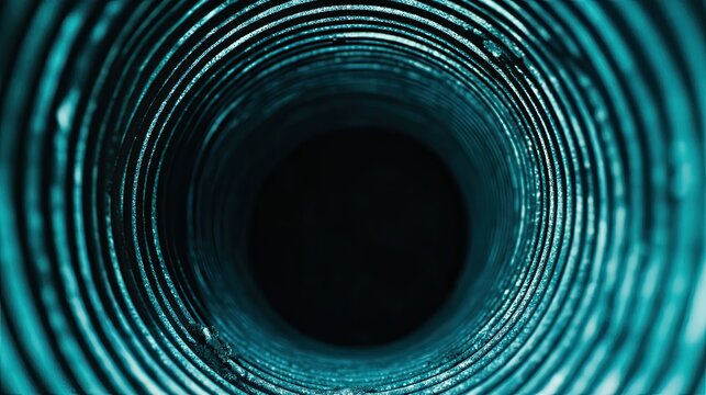 Abstract tunnel presenting a spiraling ribbed texture, creating a captivating sense of depth and mystery, with teal light illuminating the metallic surface around a dark core