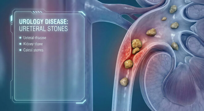 Kidney stone ureteral stone urology disease medical illustration showing kidney stones ureter with pain concept for healthcare