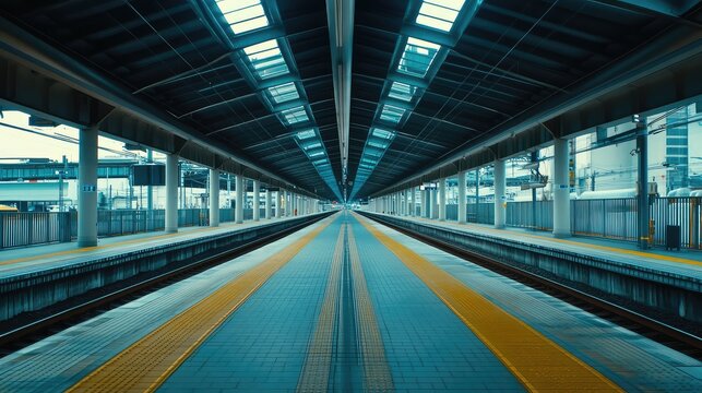 Empty train station platform with parallel tracks creating a strong vanishing point, emphasizing urban transit architecture and waiting for future journeys