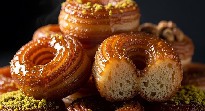 Stack of delicious glazed donuts with colorful sprinkles on a dark background. lokma