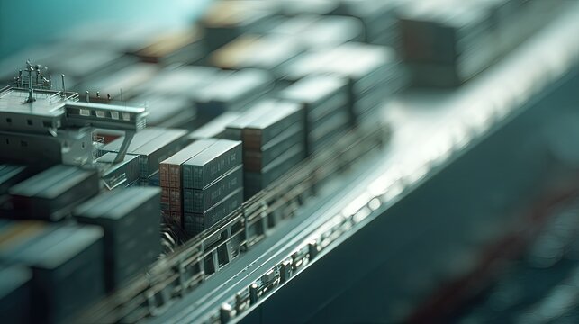 Cargo ship filled with stacked containers sailing across a blurring background, symbolizing global trade, shipping, and supply chain logistics in a miniature tilt shift perspective