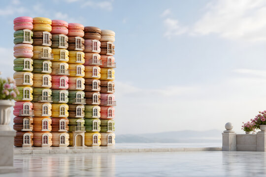 Stack of macarons forming a colorful apartment block on a marble street