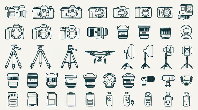 Set of outline icons for photography and videography equipment and accessories