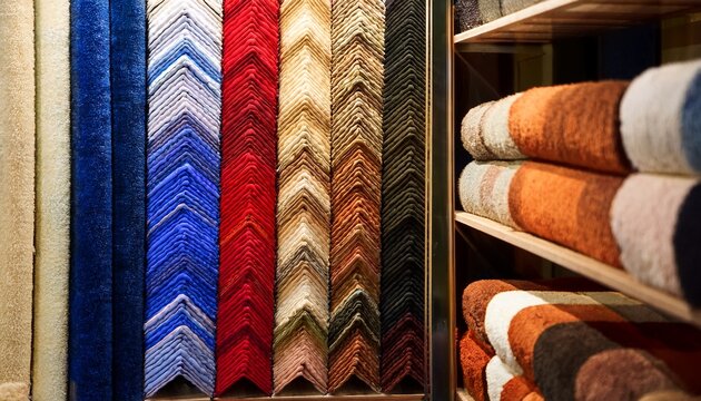 colorful carpets samples on the shelves