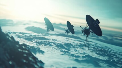 Fototapeta premium Three large satellite dishes forming a radio observatory stand firmly on a cold, desolate alien planet, scanning the vast expanse of space for communication and scientific discovery