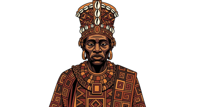 Portrait of an african king wearing traditional patterned royal attire and a cowrie shell crown