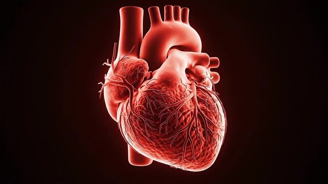 3D Animation of Realistic Human Heart Rotating on Dark Background, Cardiovascular Medical Concept