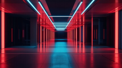 Fototapeta premium Illuminated neon tunnel in red and blue with reflective floor and glowing vertical lines, offering infinite perspective and a sleek, futuristic virtual reality corridor ambiance