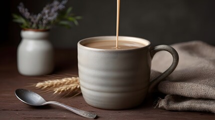 Fototapeta premium Creamy beverage being poured into a rustic ceramic mug framed by wheat stalks lavender and soft linens