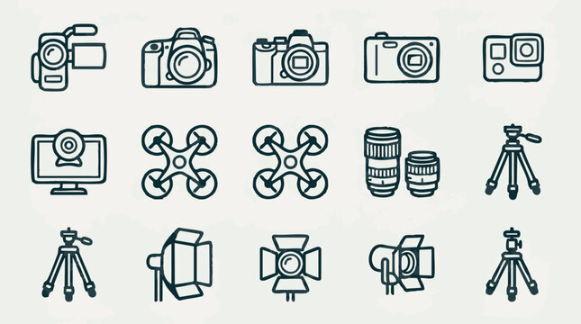 Photography and Video Production Equipment Outline Icons Collection