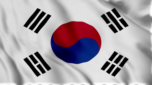 graceful waving south korean national flag featuring red and blue taegeuk symbol with four black trigrams on white background, representing harmony, balance, and cultural identity for editorial and cr