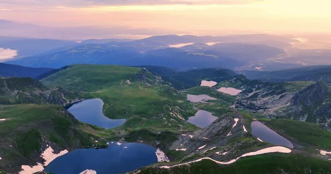 Seven Rila lakes nature landscape at sunrise,aerial panoramic view of mountain range for travel and tourism in Bulgaria