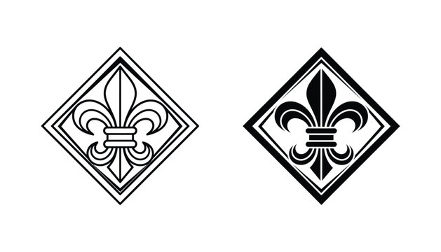 Classic fleur de lis emblem inside a diamond frame illustrated as outline and solid black icon for heraldry design