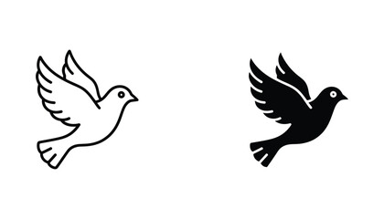 Obraz premium Flying dove vector icon set in outline and solid black style representing peace and freedom