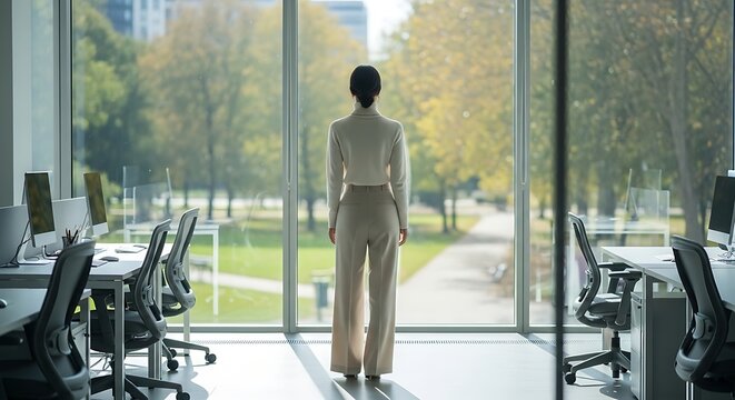 A woman standing in a bright, modern office space looking out of a large floor-to-ceiling window at a green park with trees during the daytime