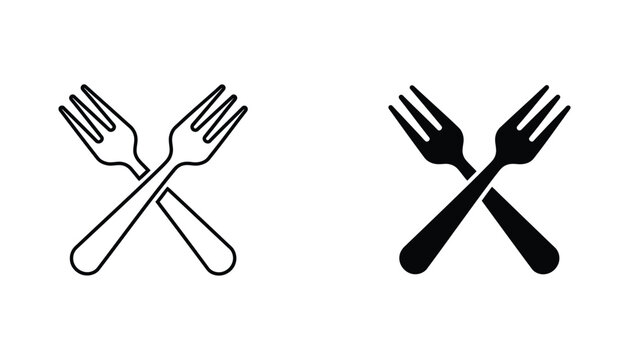 Crossed dinner forks icon set with elegant outline and solid black silhouette styles for restaurant and culinary industry branding isolated on white background