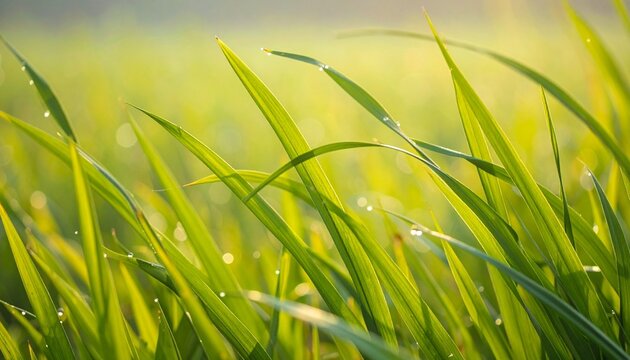 Close-up of green grass blades with dew droplets, softly blurred background of more grass and golden sunlight glow, minimalist natural composition symbolizing freshness, tranquility, and morning seren