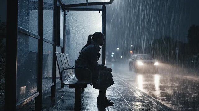 Woman waiting at a bus stop during heavy rain at night