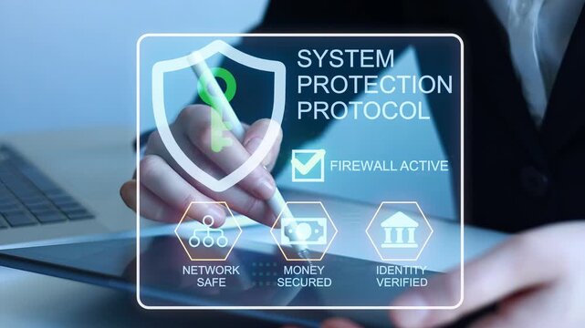 System protection protocol shown on tablet with user interacting in office setting.