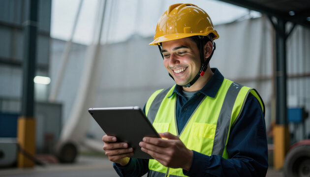 Construction worker safety helmet tablet computer reflective vest smiling worker industrial warehouse maintenance check digital inspection male technician safety gear