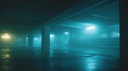 Naklejka premium Empty underground parking garage bathed in eerie blue neon and drifting mist, wet reflective concrete and pillars creating a cinematic, deserted, futuristic atmosphere