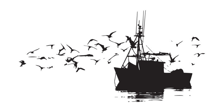 Fishing boat with flying birds vector illustration, marine wildlife scene with trawler and seagulls.