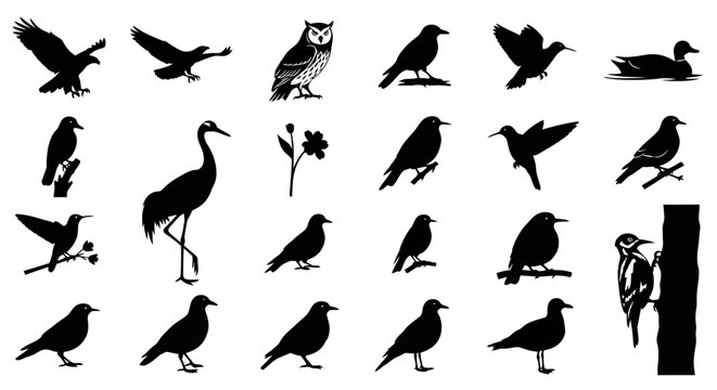 Diverse collection of bird silhouettes in various poses and species including eagles owls cranes hummingbirds and woodpeckers isolated on a clean white background showcasing