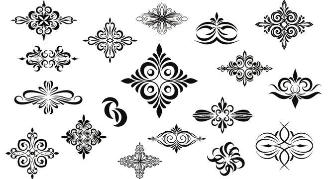 Elegant black ornate flourishes and swirls collection decorative vintage vignettes and ornaments for design projects isolated on white background vector elements